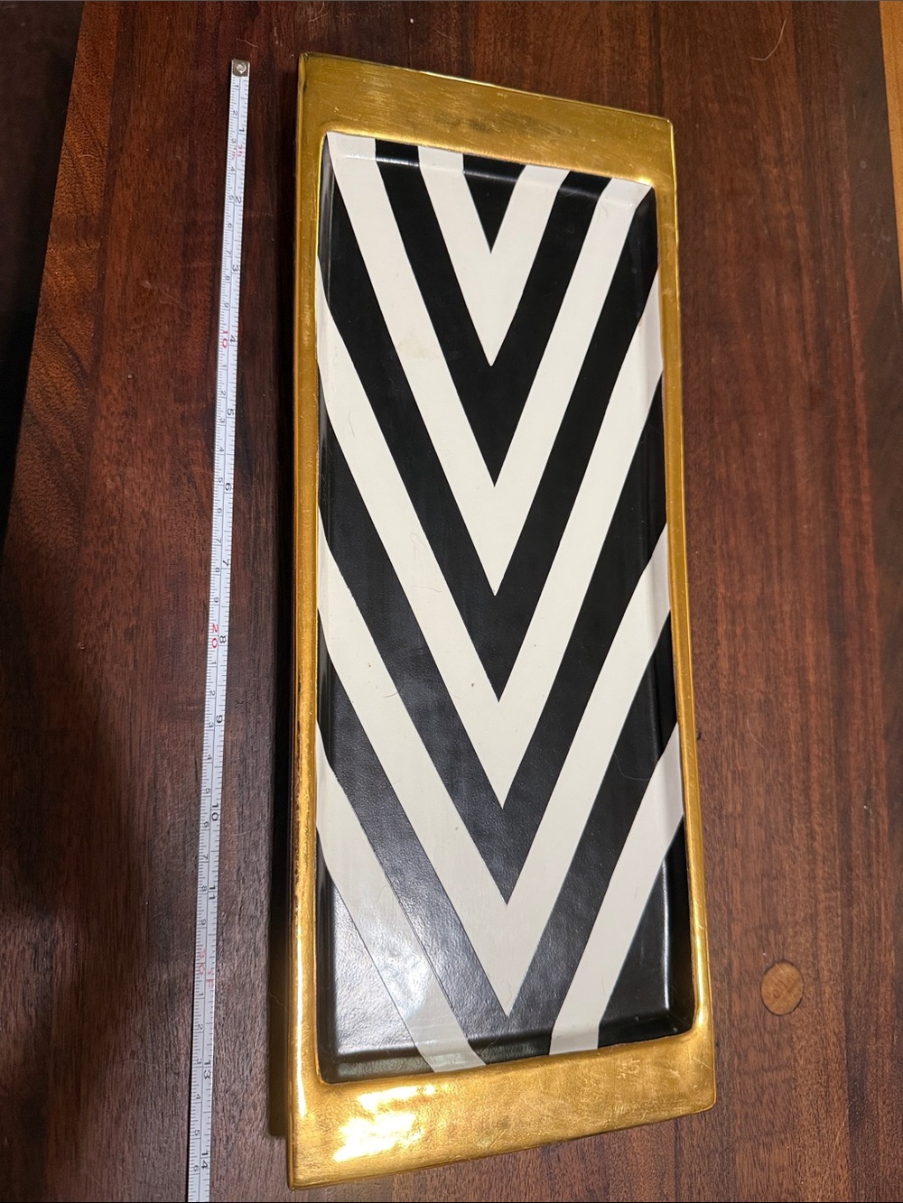 Waylande Gregory Gold Rim Rectangular Tray with Black & White Chevron